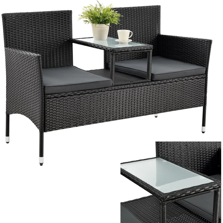 Juskys 'Monaco' 2-Sitzer Gartenbank mit Tisch und Kissen, Polyrattan schwarz, 133 × 63 × 84 cm – Bild 1
