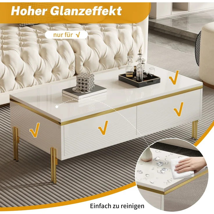 EINHOM Modernes Luxus-TV-Schrank- und Couchtisch-Set, Hochglänzende Oberfläche in Unifarbe, Goldene Kanten, Großzügiger Stauraum – Bild 4