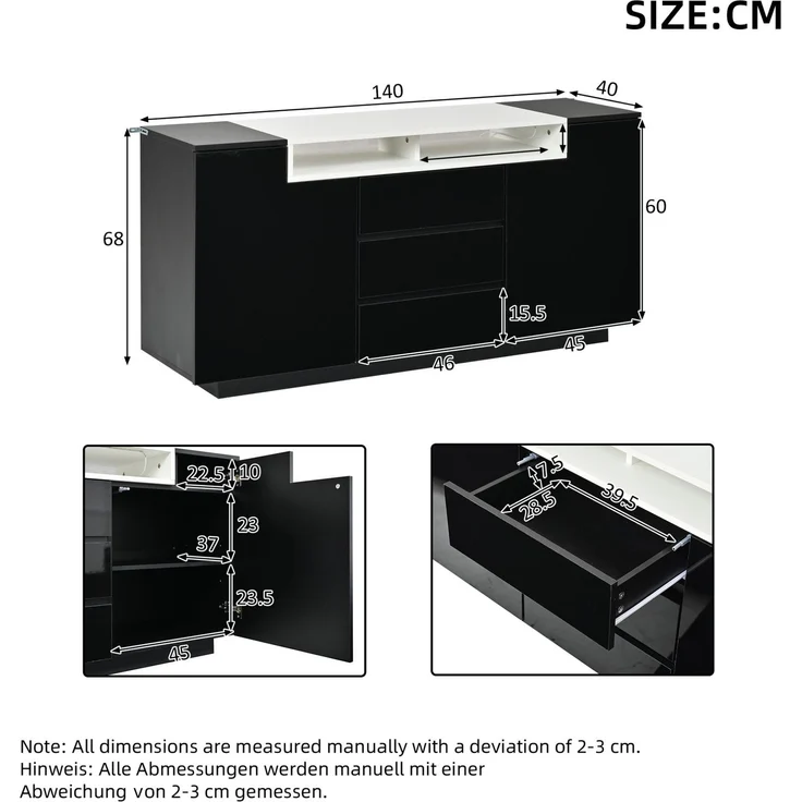 DESVIAE Sideboard Schwarz aus Spanplatte – 140x68x40 cm – 3 Schubladen, LED-Beleuchtung – Bild 10