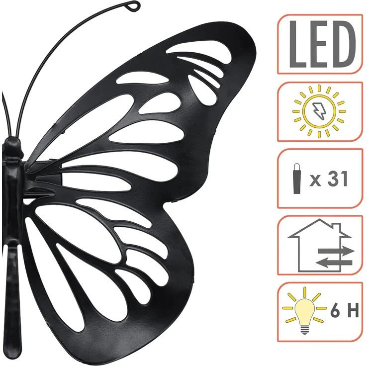 Spetebo LED Dekofigur Solar Wandbild Schmetterling schwarz mit 31 LED, Dämmerungssensor, LED fest integriert, warm weiß, solarbetrieben – Bild 3