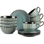 Geschirr Set für 4 Personen im modernen Vintage Look, 12-teiliges Frühstücksgeschirr Service aus Keramik in Petrol mit schwarzen Akzenten