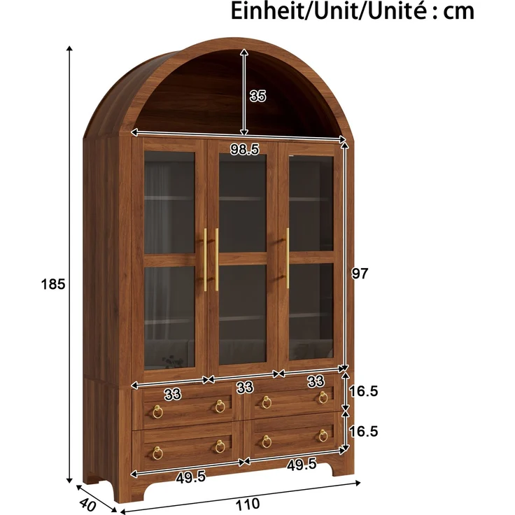 Flieks Vitrinenschrank, Hochschrank mit 3 Glastüren, 4 Schubladen & offener Bogennische, 110 x 40 x 185 cm, Walnussholzfarbe – Bild 4