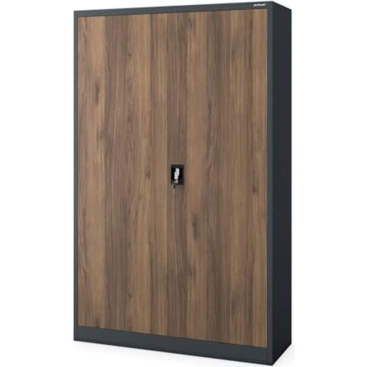 Jan Nowak Aktenschrank Metall 185 x 115 x 40 cm Büroschrank abschließbar Stahlschrank mit 4 verstellbaren Einlegeböden Dokumentenschrank Antrazit Nussbaum