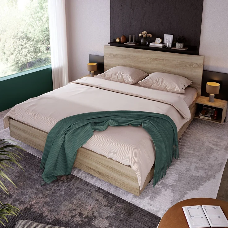 (=280708AAE)Doppelbett Holzbett Bettanlage 160 x 200 cm mit 2 Nachtkommoden Modernes Bett inkl, 2 Nachttischen Schlafzimmer Komplett-205.5x235x76.5 cm(T/B/H) Set in Eiche Sonoma/Dunkelgrau--Dunkelgrau, Holz--205.5x235x76.5cm--YOUDENOVA – Bild 8