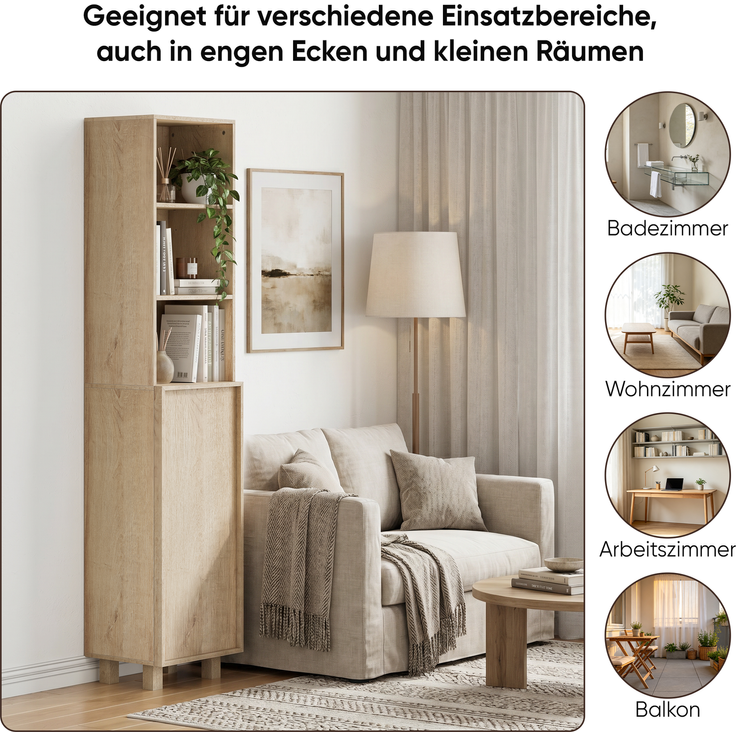 162,5 cm hoher Badezimmerschrank in Eichenoptik ,Waschmaschinenschrank,mit Türen und offenen Regalfächern; schmaler Holzschrank, geeignet für Waschküche, Balkon, Badezimmer oder Küche--Eiche--35x30x162.5cm--YOUDENOVA – Bild 7