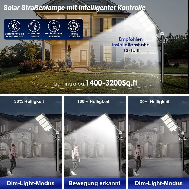 Rhein Beleuchtung LED Solarleuchte 2000W Solarlampen für Außen – Solarlampe mit Bewegungsmelder, 2000W, LED fest integriert, Kaltweiß, IP67, 6500K kaltweiß – Solar Gartenleuchten für Außen mit LEDs – Bild 3