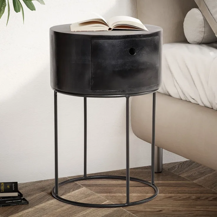 FineBuy Nachtkonsole rund aus Massivholz mit Metallgestell und Schublade – moderner Nachttisch im Industrial Design mit Stauraum, Nachtkästchen ideal für Boxspringbetten – 40x40x60 cm