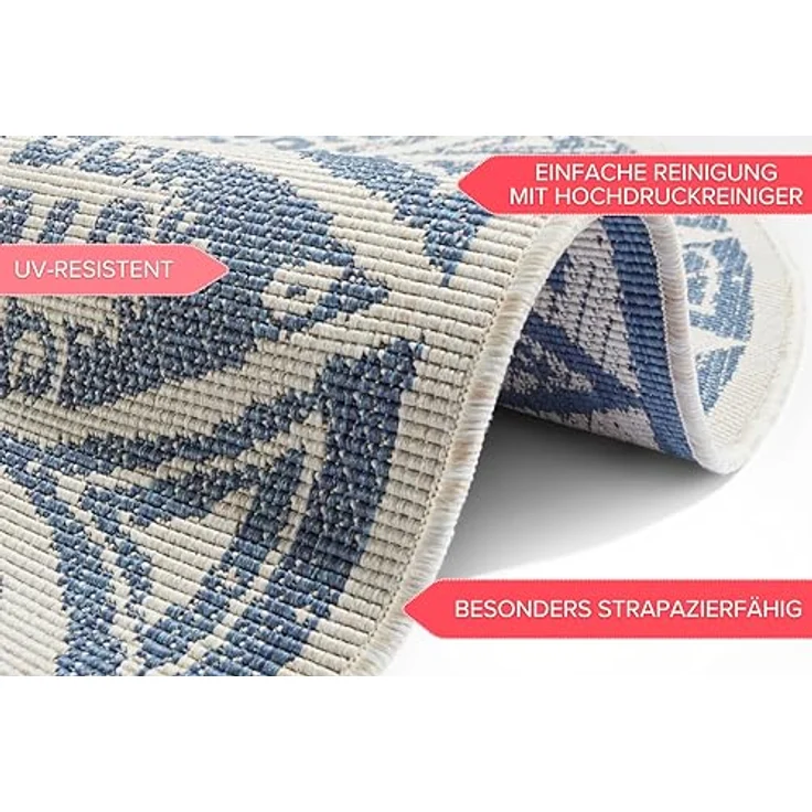XXXL Flachwebeteppich Nora, rund, Blau und Creme, Mandala, Oeko-Tex® Standard 100, UV-beständig, pflegeleicht, für Fußbodenheizung geeignet, verschiedene Größen erhältlich – Bild 3