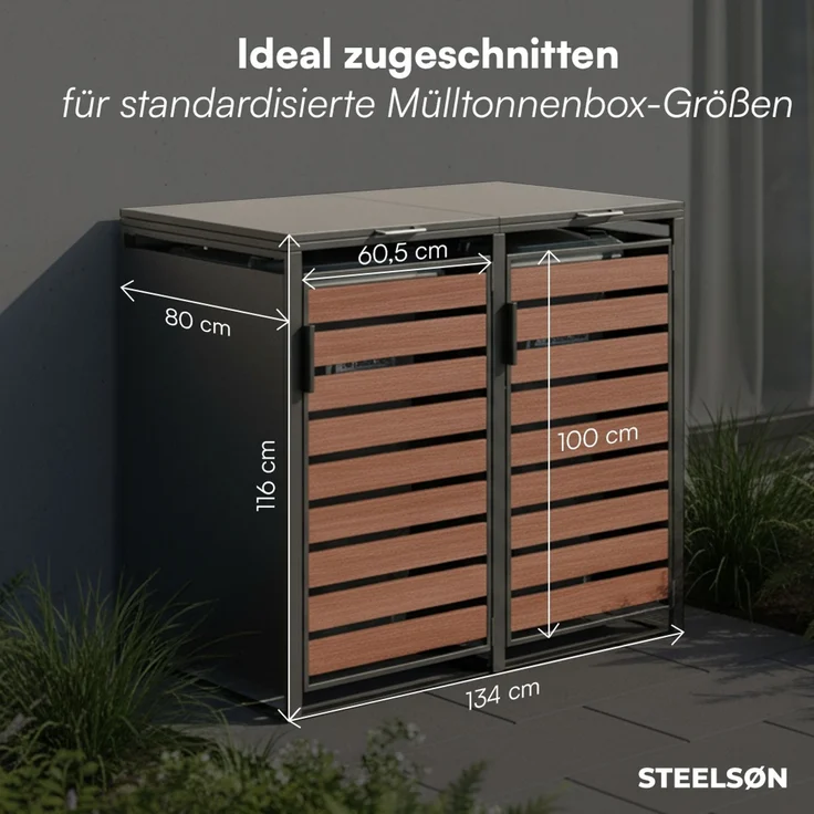 STEELSØN 'Kestra' Mülltonnenbox 2er je 240 Liter, graphitschwarz mit Nußbaum-Holzoptik, Mülltonnenverkleidung aus Stahl, wetterfest, 116x80x134 cm, Müllbox für 2 Tonnen – Bild 6