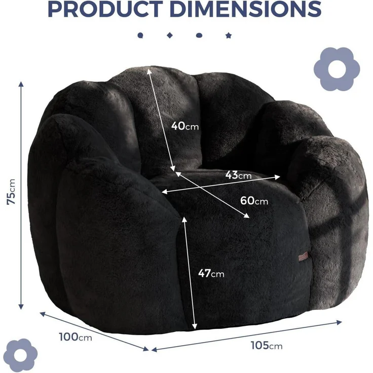 Sitzsack Erwachsene Beanbag Memoryfoam Kunstfell Schwarz 105*105*78 – Bild 2