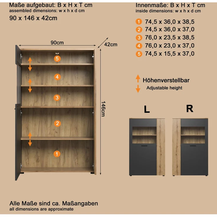 Highboard Avila in grau und Eiche Evoke 90 x 146 cm – Bild 14