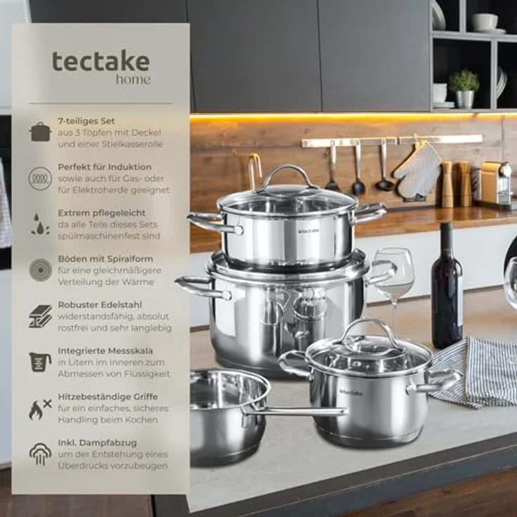 tectake Topf-Set Kochtopfset, Edelstahl, 7-teilig, aus Edelstahl, für Induktion geeignet – Bild 3