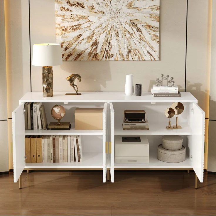 DESVIAE Sideboard mit 4 Türen und Metallbeinen 162x80x40 cm MDF/Spanplatte Weiß – Bild 4