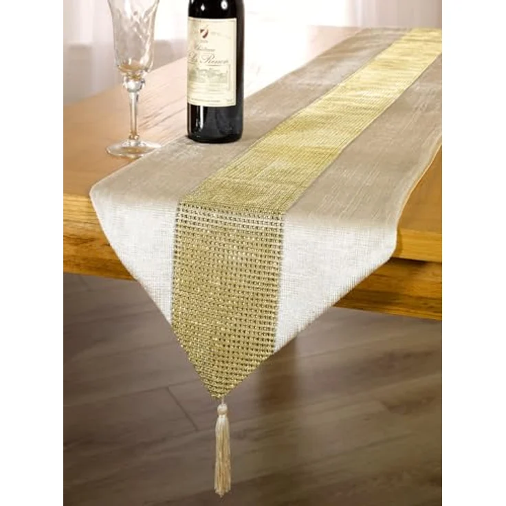 Emma Barclay ECLAT Tischläufer mit glitzernden Quasten, 33x183 cm, Nerzfarben / goldfarben – Bild 2