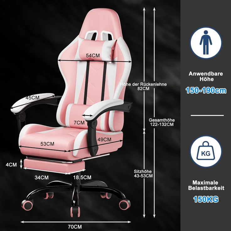 Devoko Massage Gaming Stuhl, Computer Bürostuhl mit Fußstütze, Racing Gamer Stuhl 150kg Belastbarkeit, 90-135° Rückenlehne einstellbar Ergonomischer PC Stuhl, 360° drehbar, Rosa – Bild 3