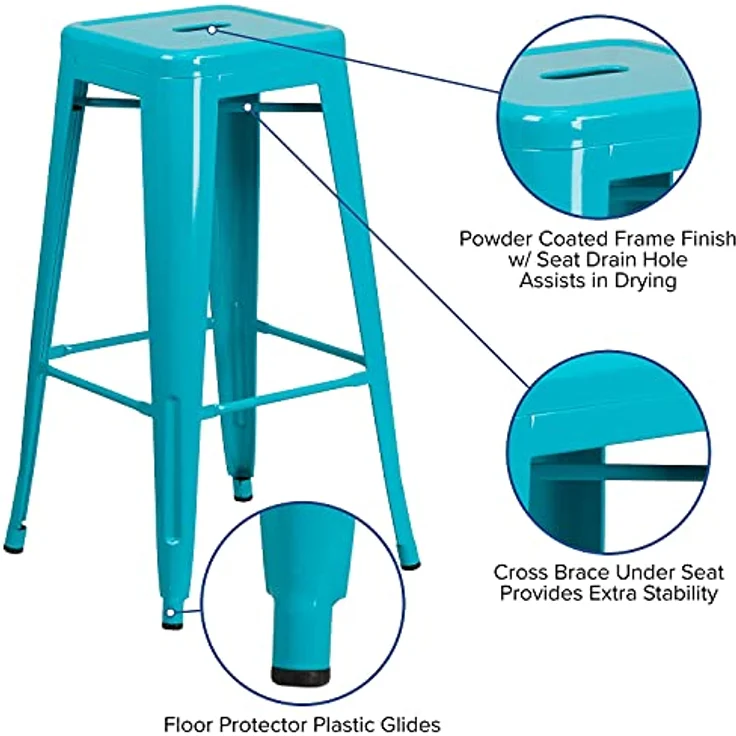 Flash Furniture Barhocker, kommerzielle Qualität, 76 cm hoch, ohne Rückenlehne, Metall, für Innen- und Außenbereich, quadratische Sitzfläche, Eisen, Kunststoff, Kristall-Türkisblau, 4 Stück – Bild 8