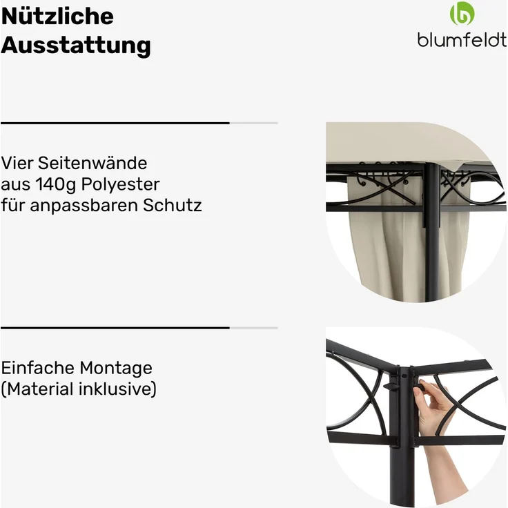 Blumfeldt Mondo - Pergola Partyzelt Gartenzelt Gazebo, Größe: 2,95 x 2,6 x 2,95 m (BxHxT), 4 Seitenteile, EasyMount Concept, Witterungsschutz: UV / Wind / Regen, beige – Bild 12