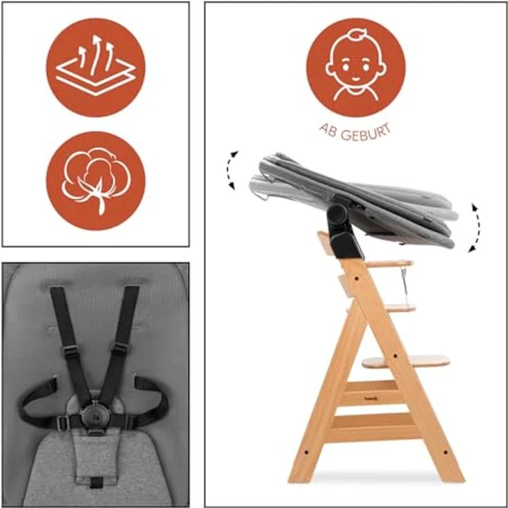 hauck All-in-One Baby Hochstuhl, Alpha Start N Grow Set Natural Dark Grey | Babywippe, Sitzverkleinerer, Sitzpolster, Klick-Essbrett, Spielbrett mit 3 Spielaufsätzen, Mitwachsend ab Geburt bis 90 kg – Bild 4