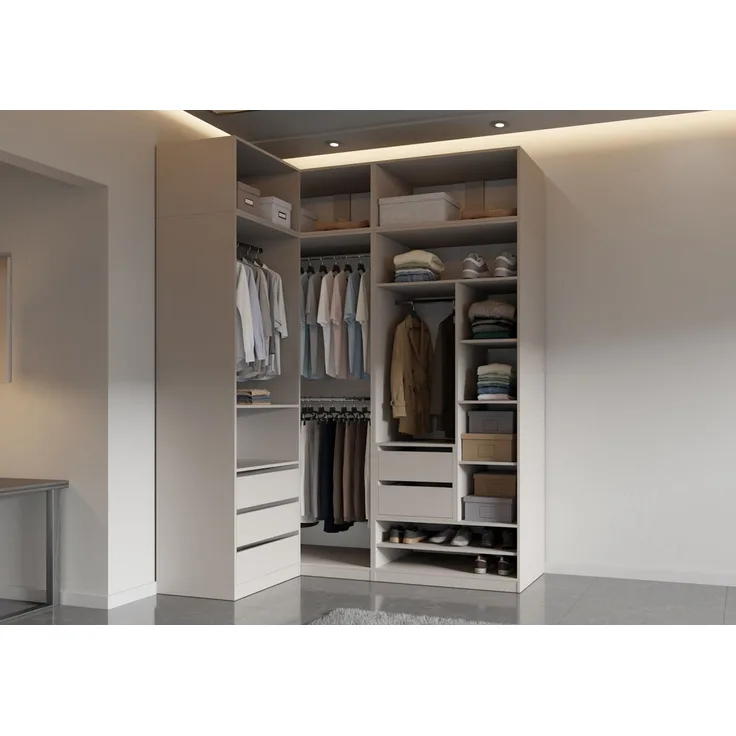 Marmex Möbel Tres Set-D/N Eckeinbauschrank mit Regalen, Schubladen und Kleiderstangen, offener Kleiderschrank system mit Aufsatz, laminierte Spanplatte, graubeige cashmere 111/190x246x51 cm