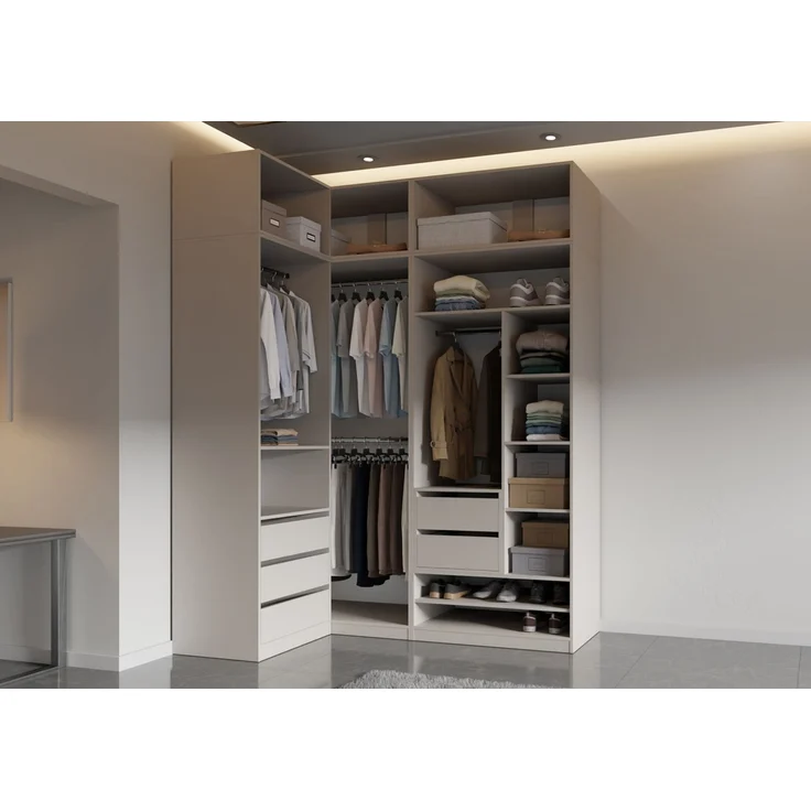 Marmex Möbel Tres Set-D/N Eckeinbauschrank mit Regalen, Schubladen und Kleiderstangen, offener Kleiderschrank system mit Aufsatz, laminierte Spanplatte, graubeige cashmere 111/190x246x51 cm – Bild 1