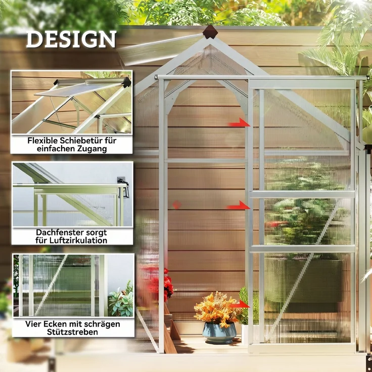 Outsunny Gewächshaus, Aluminiumlegierung, Polycarbonat, Silber, 190L x 132B x 201H cm – Bild 4