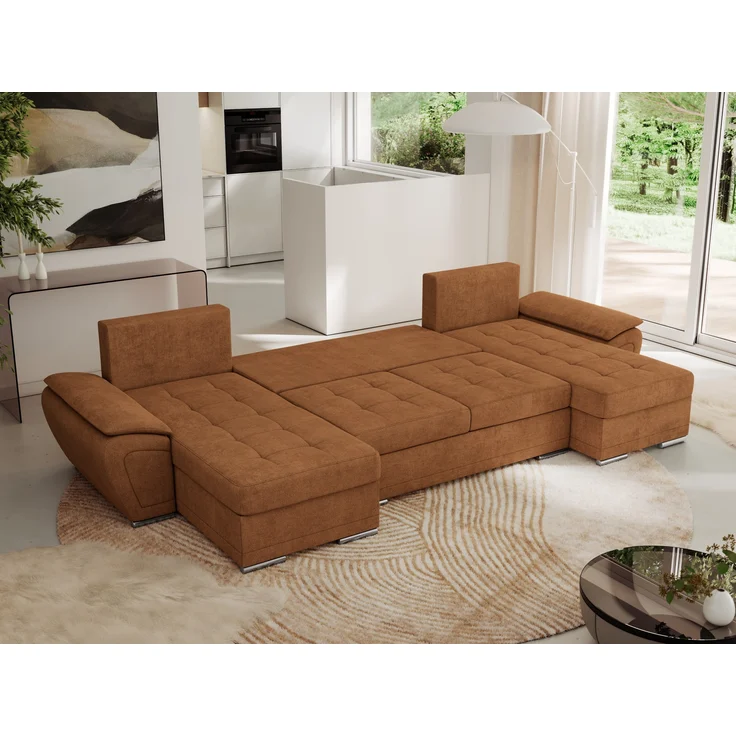 U-förmiges Ecksofa mit Schlaffunktion, genähter Sitz, zwei Armlehnen und losen Kissen - UMBRIA U - Orange Stoff – Bild 3