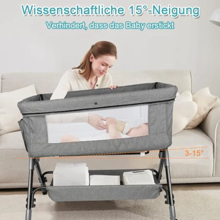 HUOLE 3 in 1 Beistellbett & Babywiege & Reisebett, 4-stufig Höhenverstellbares Babybett, neigbar, Kinderbett, Stubenwagen für Babys bis 25kg belastbar-104 * 52 * 100-110cm – Leinengrau – Bild 4
