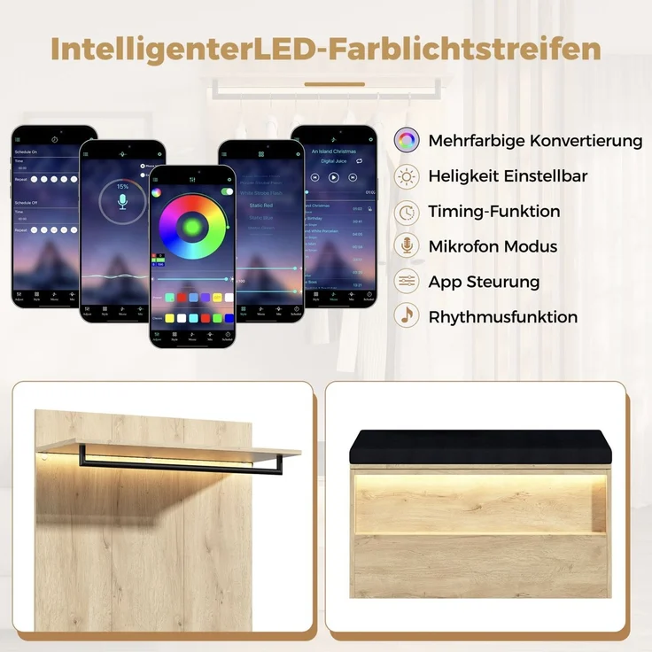 Garderoben-Set 180x47x200 cm mit LED, Spiegel, Sitzbank und 4 Schubladen – Bild 9
