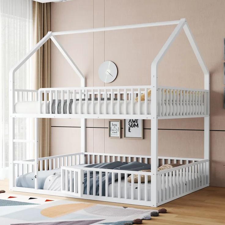 Kinder-Etagenbett 140*200, Metall-Doppelbett, Kinder-Familienbett, Etagenbett mit Treppe, Loft-Design, Unteres Bett mit kleiner Tür zum Öffnen und Schließen, Weiß