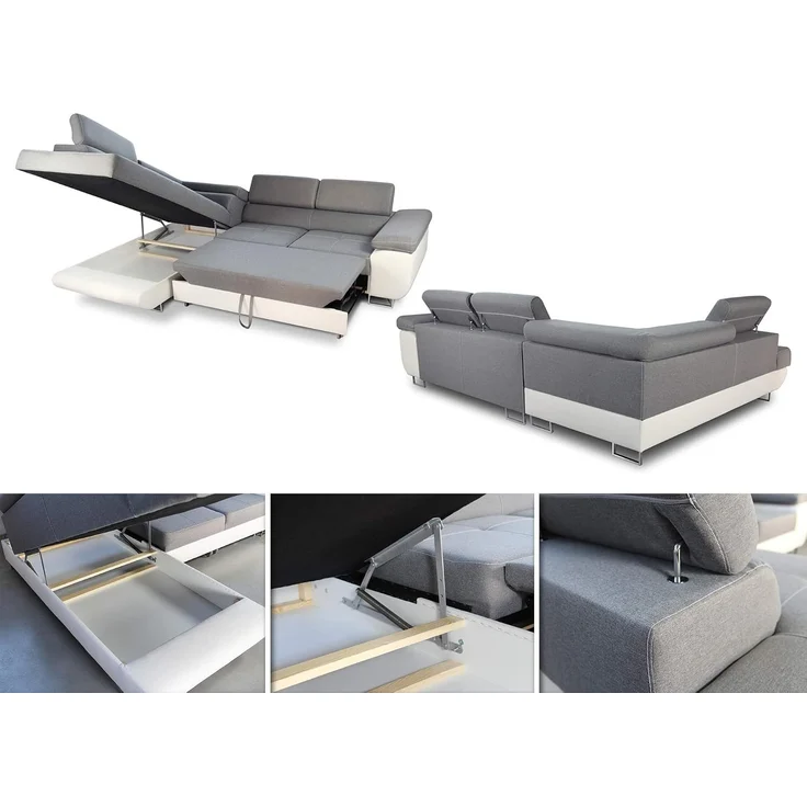 Ecksofa Caris mit Schlaffunktion, Bettkasten und einstellbare Kopfstützen (Schwarz + Grau (Soft 011 + Sawana 21), Ecksofa Links) – Bild 5