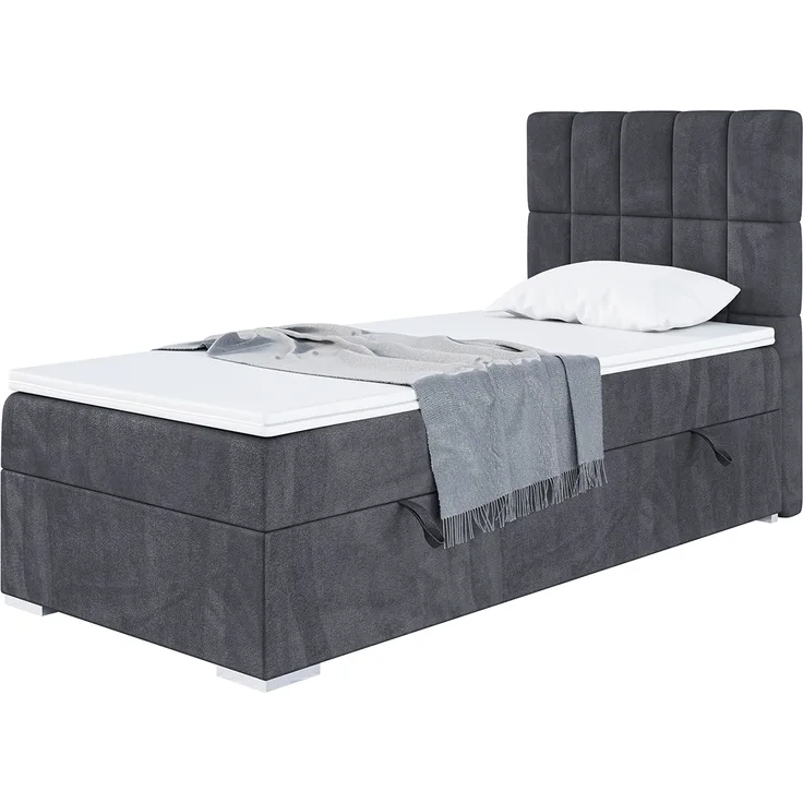 MEBLINI Boxspringbett LUKAS 90x200 cm mit Bettkasten - H3/Dunkelgrau Samt Gepolstert Einzelbett mit Topper & Taschenfederkern-Matratze - 90x200 Rechts
