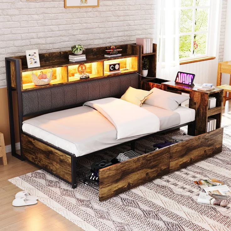 EINHOM Eisen Sofabett 90 x 200 cm mit Stauraum, Metall + Holz, mit Vielseitigen Staufächern & Schließfächern, Multifunktionalen Steckdosen & LED-Beleuchtung, Komplett mit Großen Schubladen und einem Ausziehbaren Schreibtisch, Naturholz (Ohne Matratze)