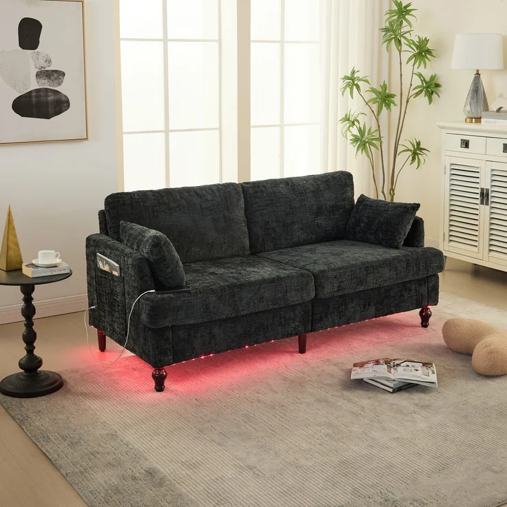 2-sitziges Chenille-Sofa mit USB-Ladeanschluss, LED-Licht und Aufbewahrungstasche in Schwarz – Bild 1