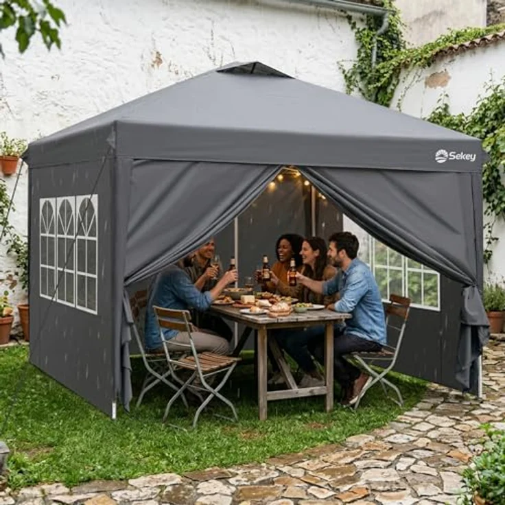 Sekey Pop Up Pavillon Wasserdicht Stabil Winterfest mit Seitenwänden, Faltpavillon 3 x 3 m, Camping Pavillion Faltbar Partyzelt mit Belüftung, Designer Serie 3x3, (Grau, 3x3 Mit Seitenwänden) – Bild 8