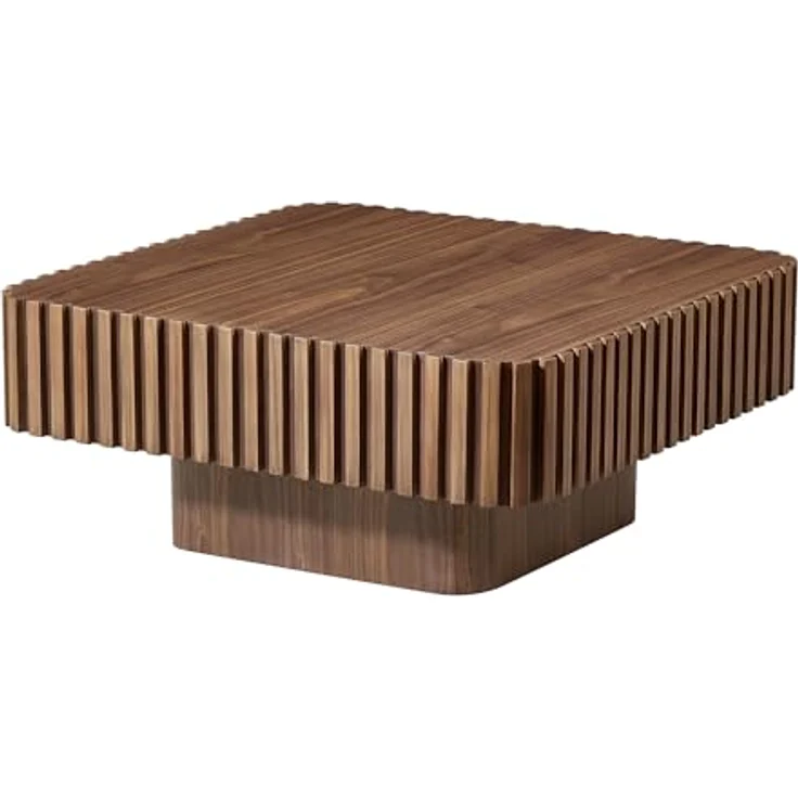 Square Fluted Coffee Table, Modern Ribbed Center Table with Solid Wood Stripe Accent, MDF with Wood Veneer Construction, Contemporary Accent Table for Living Room, Bedroom, and Office (Walnut Color) – Bild 4