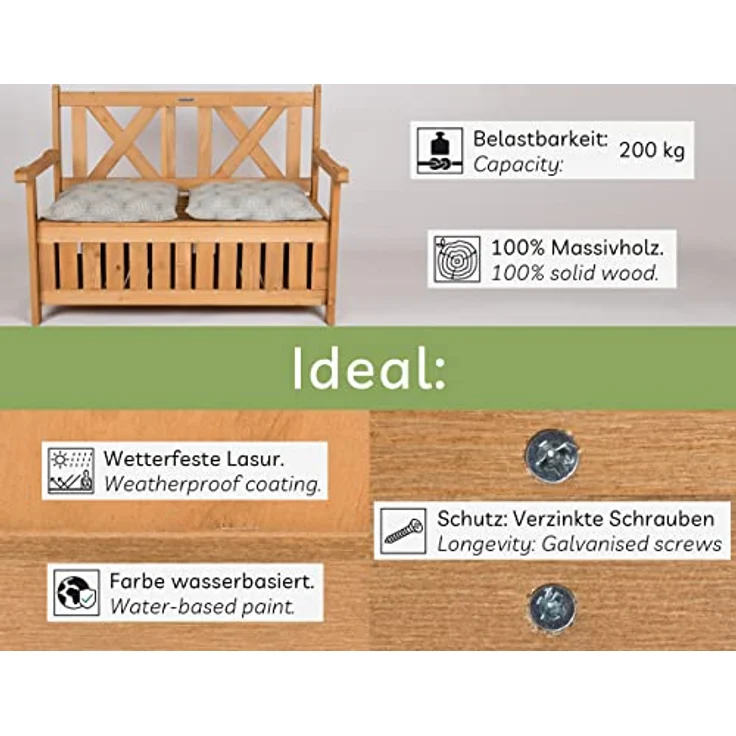 needs&wants Chesty3 Zoll Gartenbank Holz wetterfest, 2-Sitzer Truhenbank mit Stauraum, Dunkelbraun, Massivholz mit Abdeckung – Bild 6