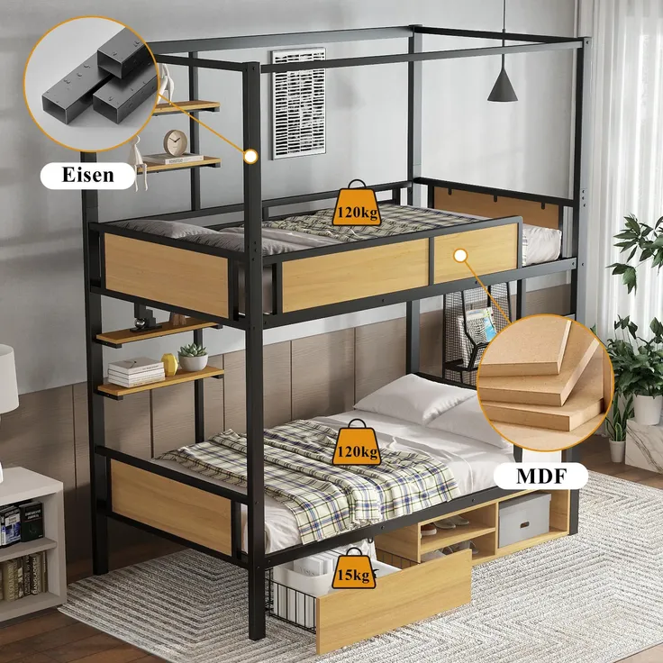 Etagenbett mit 2 Liegeflächen und Lattenrost, 90x200 cm, Kinderbett mit Regal, Schublade und Rausfallschutz, Metallbett