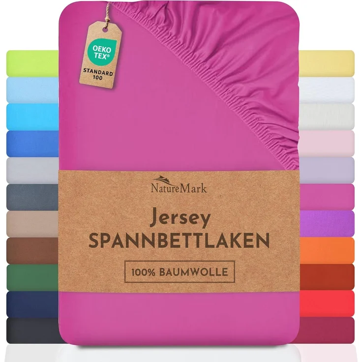 NatureMark Jersey Spannbettlaken, Spannbetttuch 100% Baumwolle in vielen Größen und Farben MARKENQUALITÄT ÖKOTEX Standard 100 | 200x220 cm +40 Steg - pink