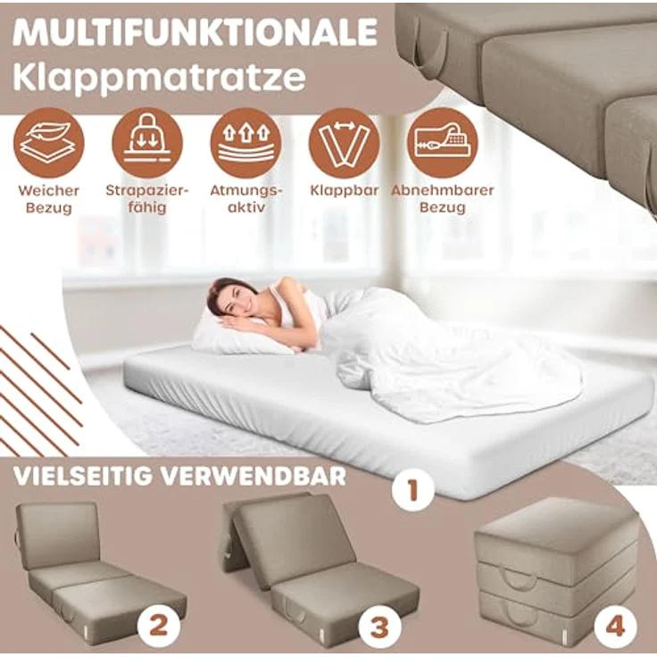 KESSER® Klappmatratze Gästematratze 3-fach Faltmatratze faltbar zum Sitzhocker | Schaumstoff 25kg/m³ extra dick 15cm atmungsaktiv waschbar abnehmbarer Bezug | Matratze inkl. Camping Tragetasche Taupe, 140 x 195 x 15 cm – Bild 4
