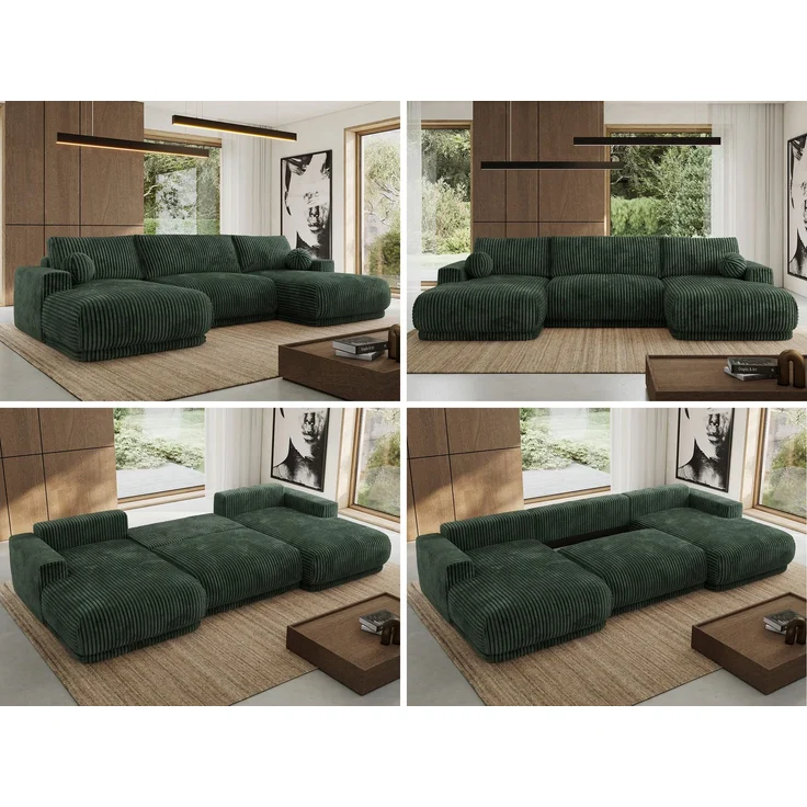 XXL Wohnlandschaft RINA U-Form 360 cm breit, Sofa mit Schlaffunktion & DL-Mechanismus, Wellenfederung, modern freistehend - Dunkelgrün Cord – Bild 2
