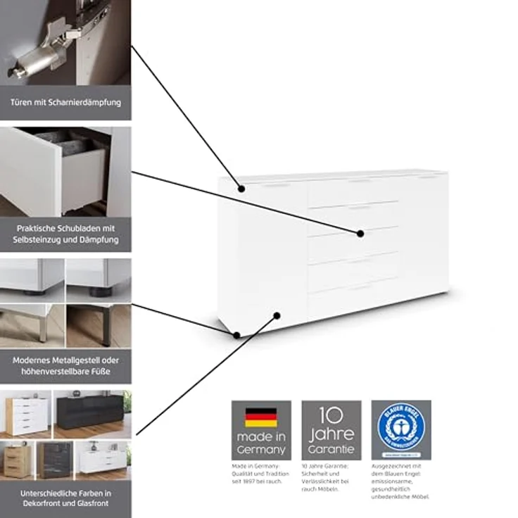 Rauch Möbel Flipp, Nachttisch für Schlafzimmer, Flur, Garderobe, 1-türig, 5 Schubladen, mit Softclose-Funktion, Farbe Front Glas Schwarz, Breite 120 cm – Bild 4