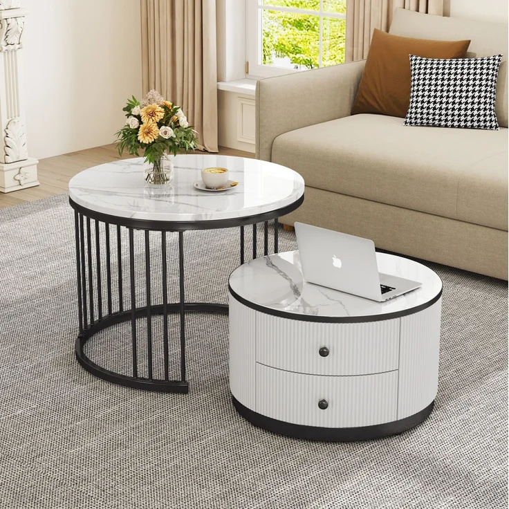 2er Couchtisch Set rund in Weiß, Wohnzimmertisch mit Marmoroptik Hochglanz, Beistelltisch mit Schubladen, modernes Tischset MDF – Bild 3