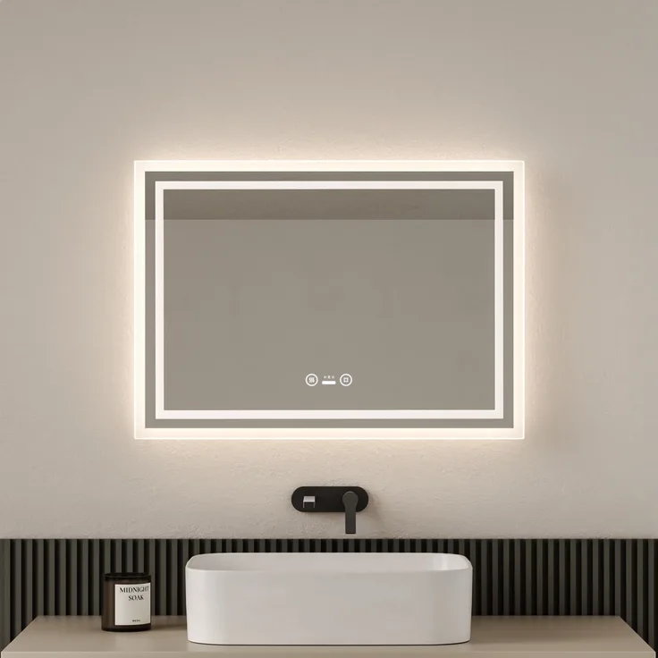 EMKE Badspiegel mit Beleuchtung, Bewegungssensor, 70x50cm, LED Kaltweißes/Neutral/Warmweißes Licht, Dimmbar, Beschlagfrei, Touch, IP44 Wandspiegel