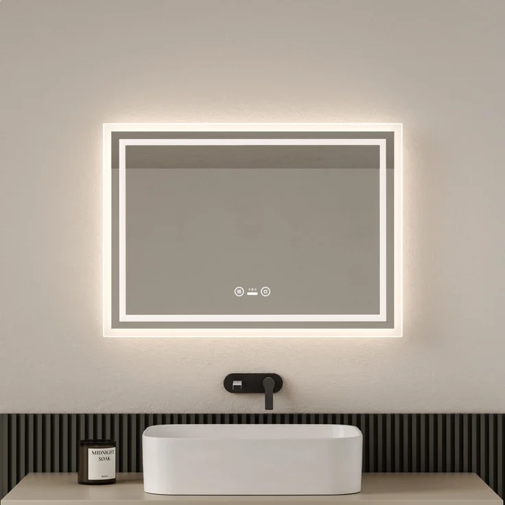 EMKE Badspiegel mit Beleuchtung, Bewegungssensor, 70x50cm, LED Kaltweißes/Neutral/Warmweißes Licht, Dimmbar, Beschlagfrei, Touch, IP44 Wandspiegel – Bild 1