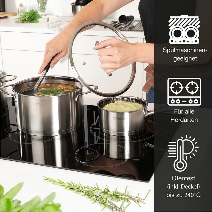 Moritz & Moritz Topf-Set Edelstahl Kochtopfset 9-teilig, 5 Kochtöpfe inkl. 4 Glasdeckel, Edelstahl (Set, 9-tlg, Set), für alle Herdarten – Bild 2