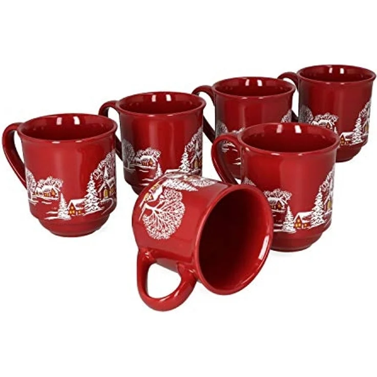 MamboCat Tasse 6er Set Glühweinbecher in dunkelrot Weihnachtslandschaft 0,2L geeicht, Porzellan, Weihnachtsgeschirr, Weihnachten, Weihnachtsmarkt, Punsch – Bild 2