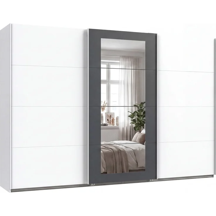 Schwebetürenschrank 3-trg Kleiderschrank 313 cm in Weiß Spiegel umrahmt in Grafit – Bild 1