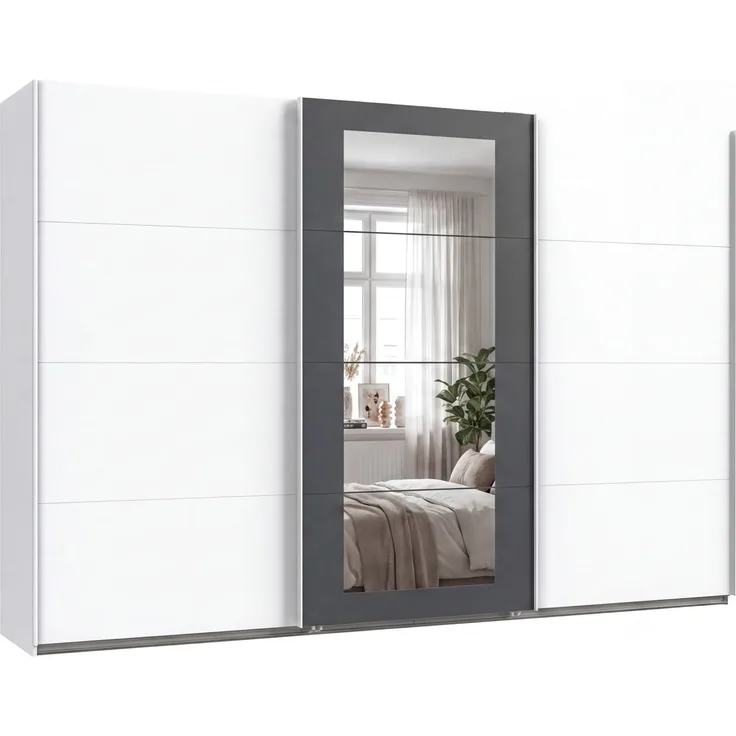 Schwebetürenschrank 3-trg Kleiderschrank 313 cm in Weiß Spiegel umrahmt in Grafit