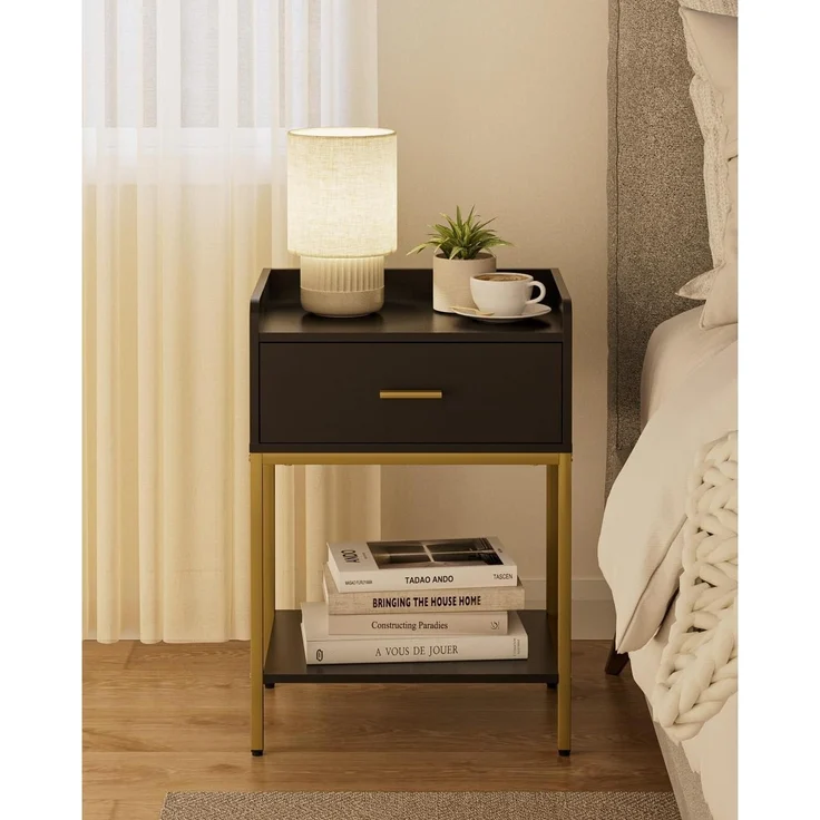 Schwarzer 3-Tier Nachttisch mit Schublade und Regal, Moderner – Bild 7