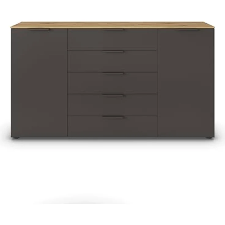 Rauch Möbel Flipp, Kommode für Schlafzimmer, Kinderzimmer, Wohnzimmer, Flur, Garderobe, 2-türig, 5 Schubladen, mit Softclose-Funktion, Farbe Eiche Artisan, Holz/Graphit, Schwarz, Breite 180 cm – Bild 6